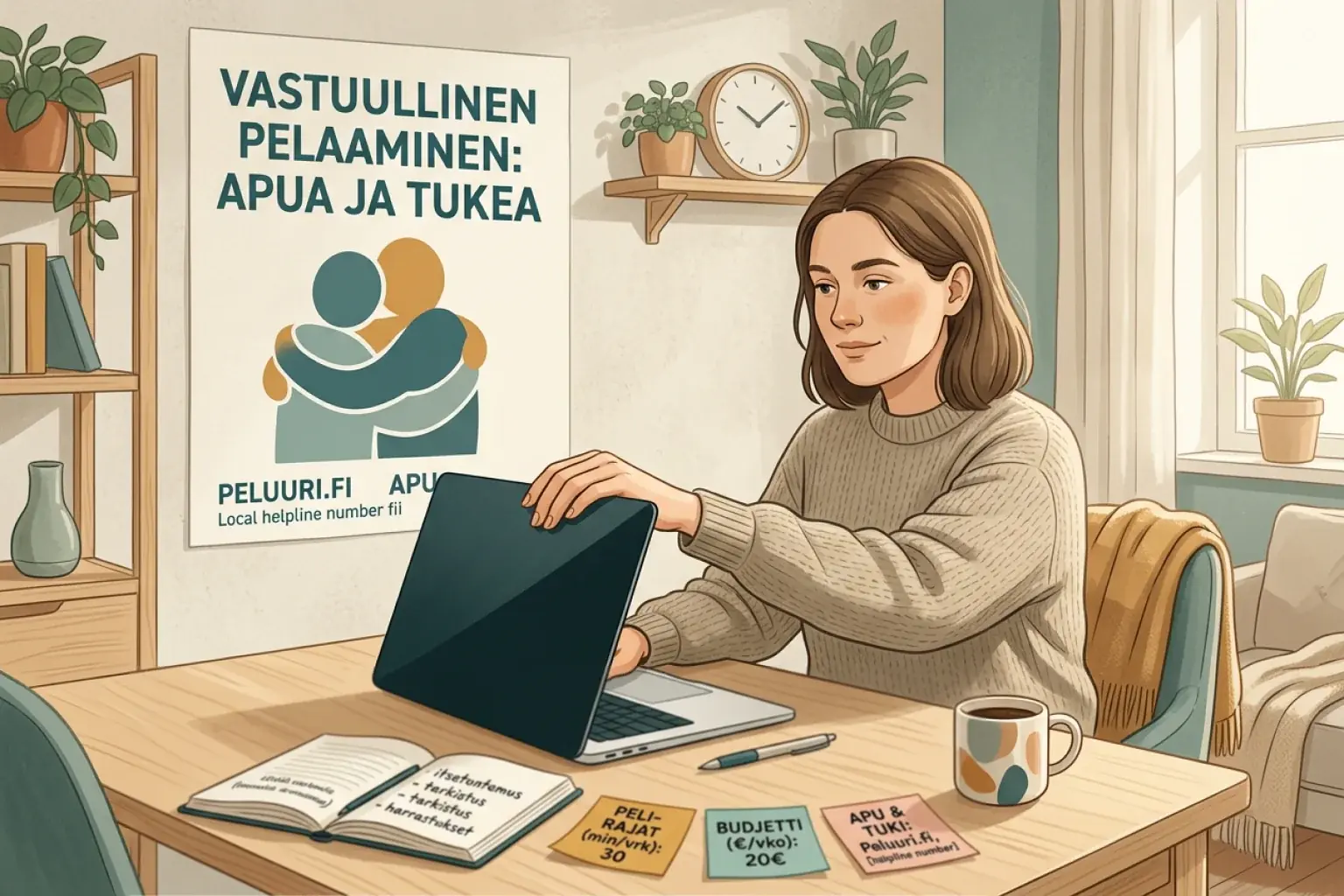 Ihminen sulkee kannettavan ja tarkistaa tukivaihtoehtoja rauhallisessa ympäristössä